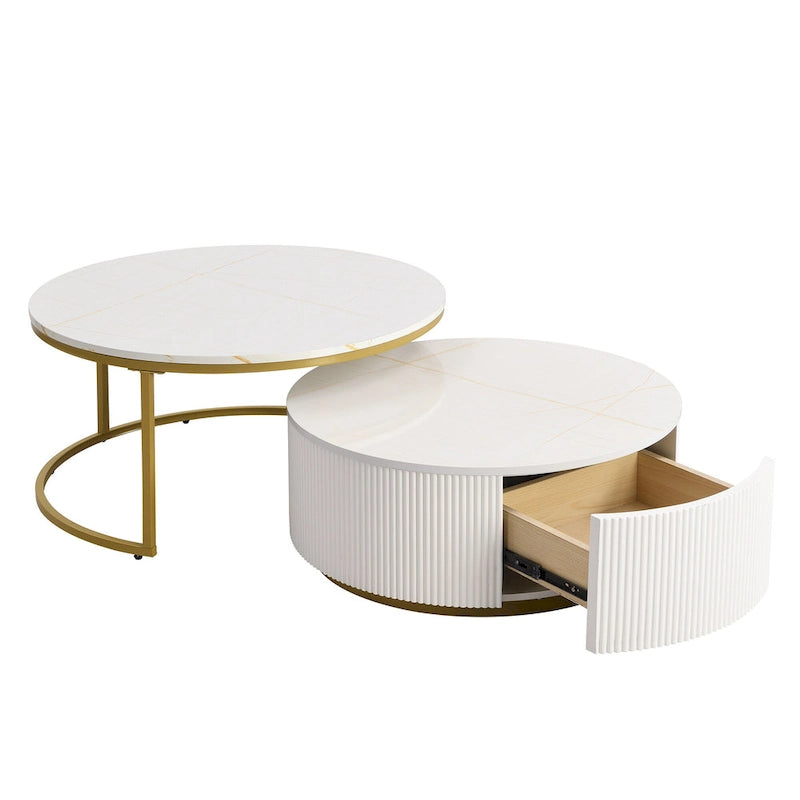 Tables basses gigognes rondes avec tiroir, plateau en MDF et base en métal