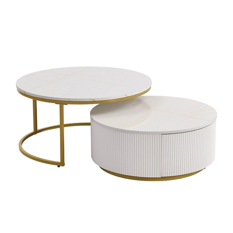 Tables basses gigognes rondes avec tiroir, plateau en MDF et base en métal