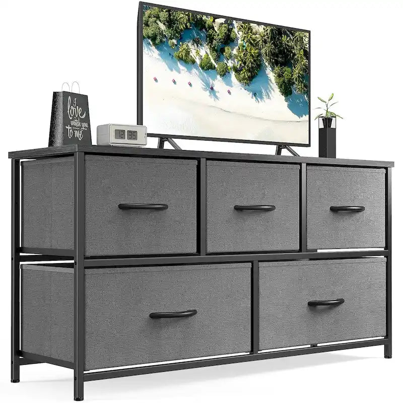 Commode à 5 tiroirs avec cadre en métal et plateau en bois