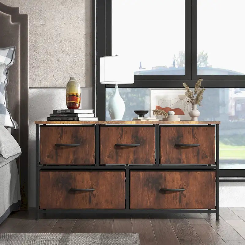 Commode à 5 tiroirs avec cadre en métal et plateau en bois