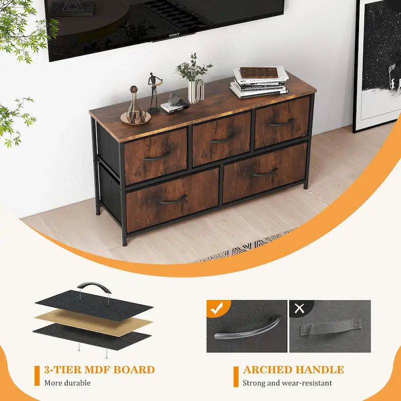 Commode à 5 tiroirs avec cadre en métal et plateau en bois