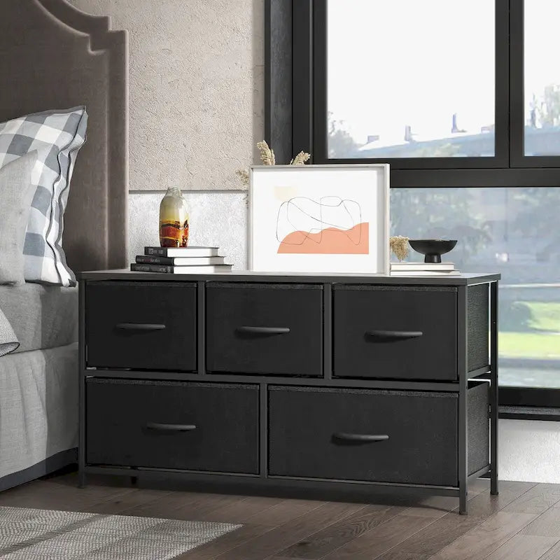 Commode à 5 tiroirs avec cadre en métal et plateau en bois