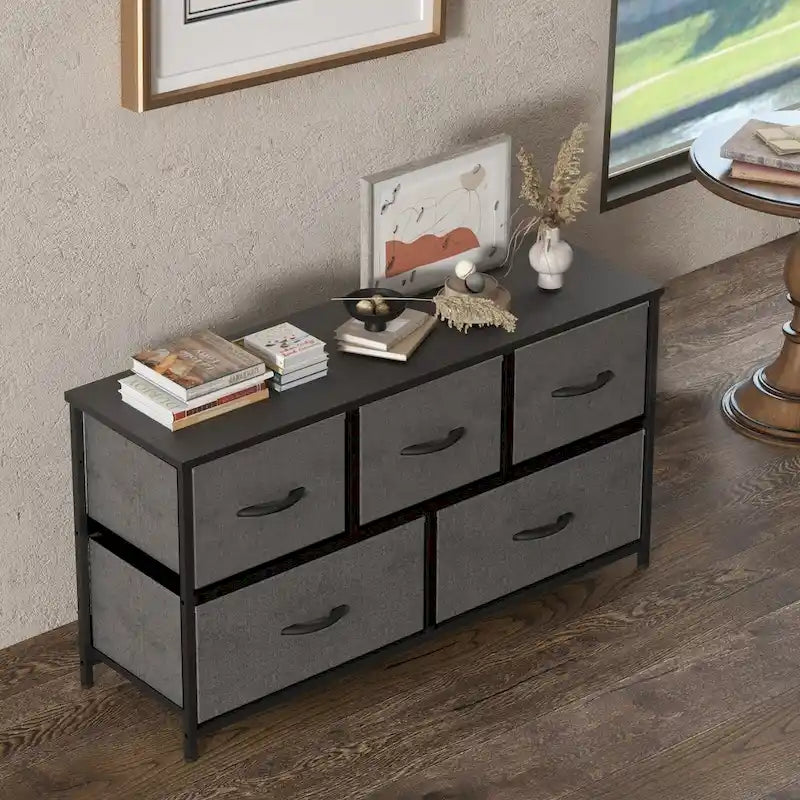 Commode à 5 tiroirs avec cadre en métal et plateau en bois