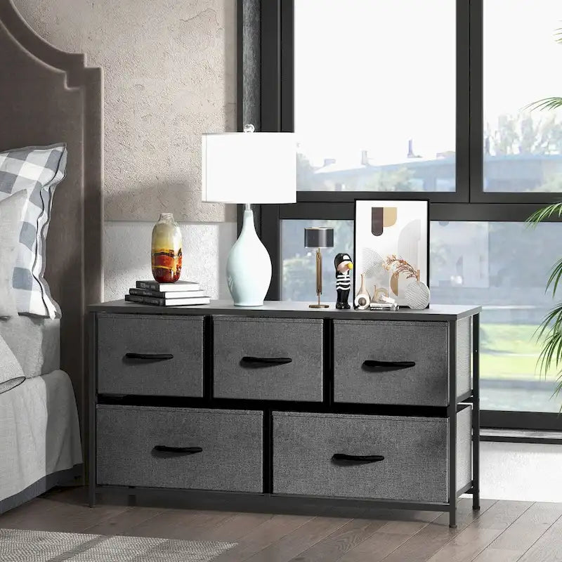Commode à 5 tiroirs avec cadre en métal et plateau en bois
