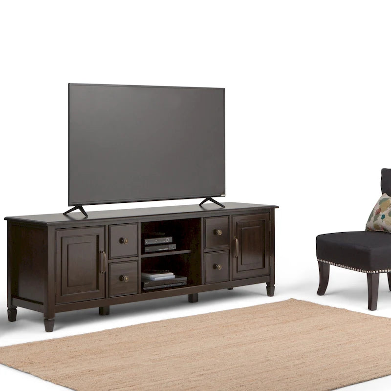 Meuble TV multimédia en bois massif de 72 pouces de large pour téléviseurs jusqu'à 80 pouces (72 L x 18 P x 24 H)