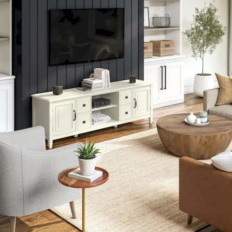 Meuble TV multimédia en bois massif de 72 pouces de large pour téléviseurs jusqu'à 80 pouces (72 L x 18 P x 24 H)
