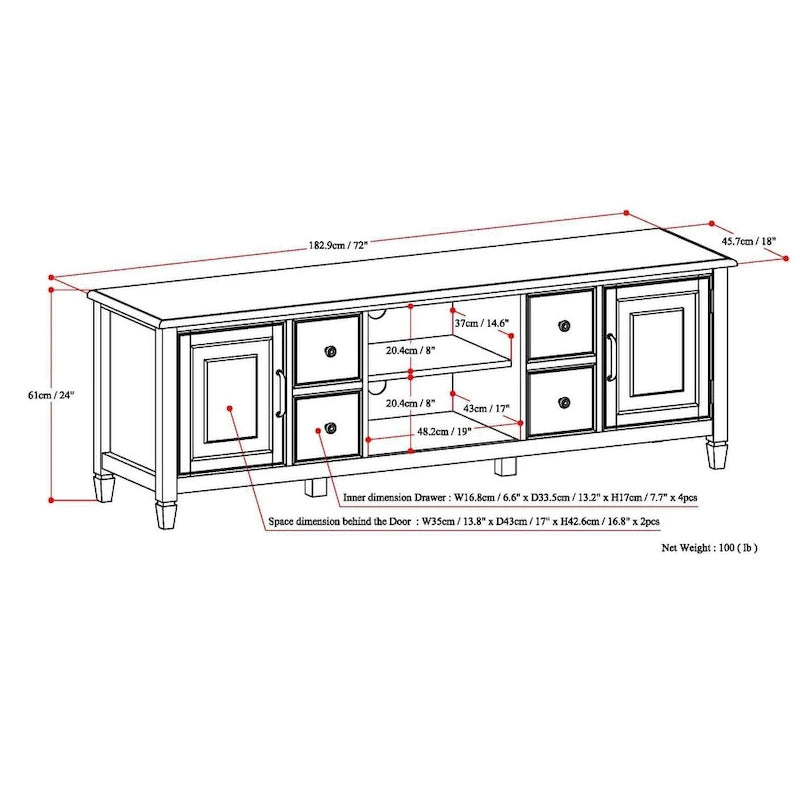 Meuble TV multimédia en bois massif de 72 pouces de large pour téléviseurs jusqu'à 80 pouces (72 L x 18 P x 24 H)