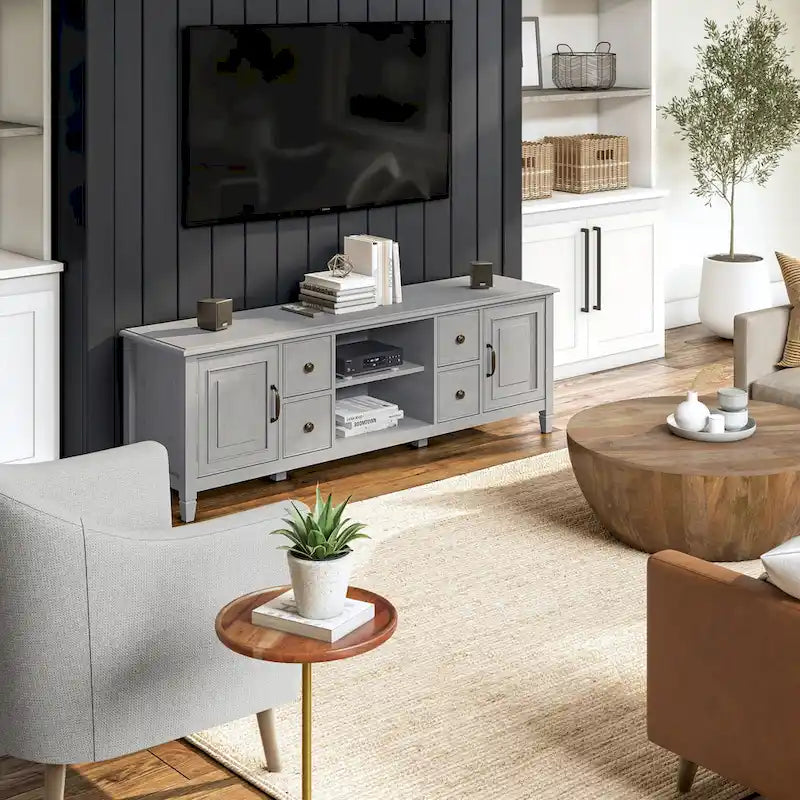 Meuble TV multimédia en bois massif de 72 pouces de large pour téléviseurs jusqu'à 80 pouces (72 L x 18 P x 24 H)