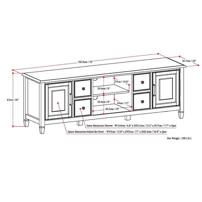 Meuble TV multimédia en bois massif de 72 pouces de large pour téléviseurs jusqu'à 80 pouces (72 L x 18 P x 24 H)