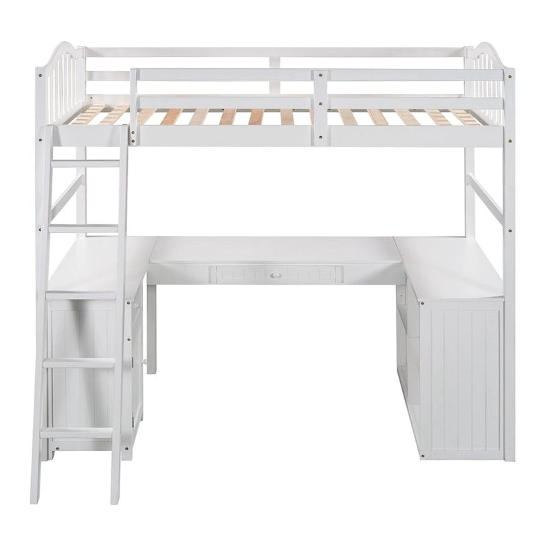 Lit mezzanine jumeau avec tiroirs, armoire, étagères et bureau