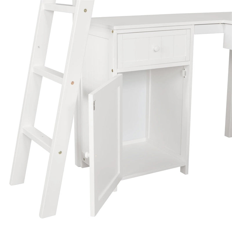 Lit mezzanine jumeau avec tiroirs, armoire, étagères et bureau