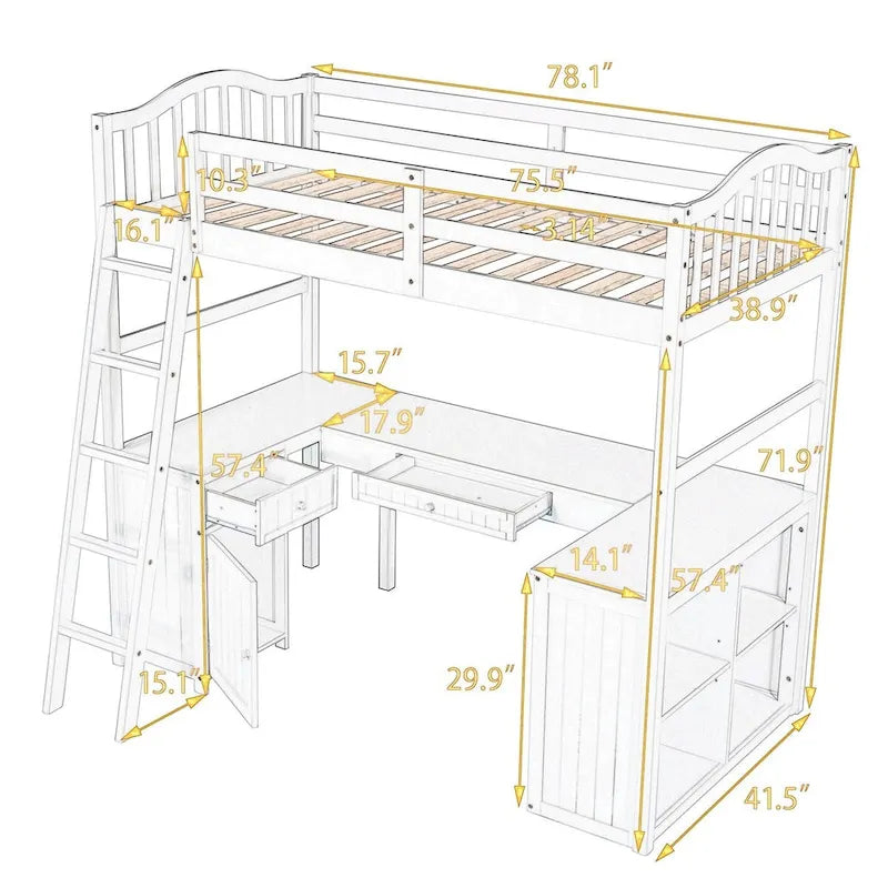 Lit mezzanine jumeau avec tiroirs, armoire, étagères et bureau
