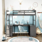 Lit mezzanine jumeau avec tiroirs, armoire, étagères et bureau