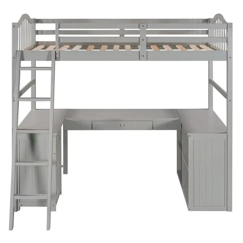 Lit mezzanine jumeau avec tiroirs, armoire, étagères et bureau