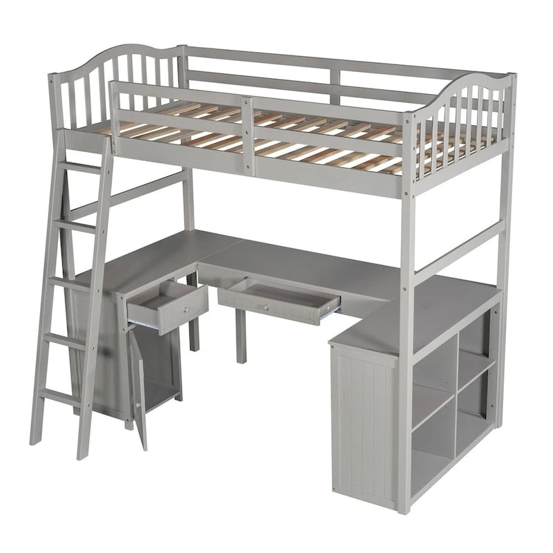 Lit mezzanine jumeau avec tiroirs, armoire, étagères et bureau