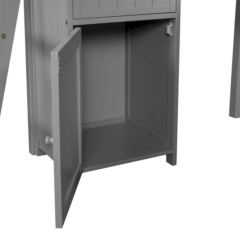 Lit mezzanine jumeau avec tiroirs, armoire, étagères et bureau
