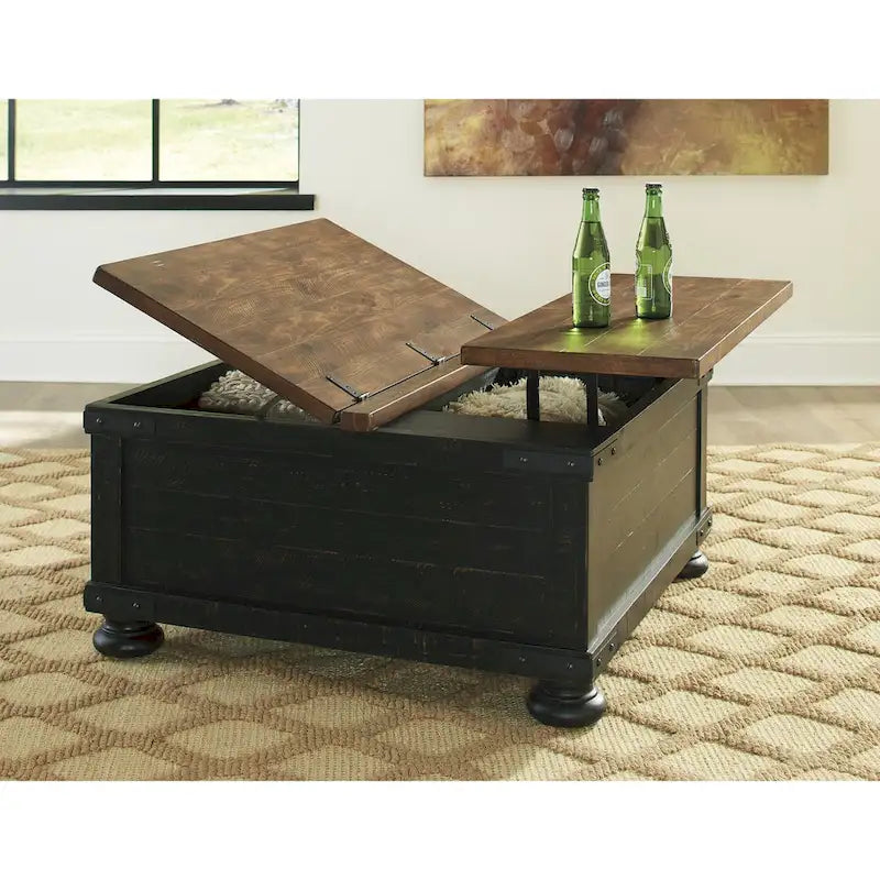Table basse carrée à plateau relevable avec rangement, noir/marron - 36 L x 36 P x 18 H