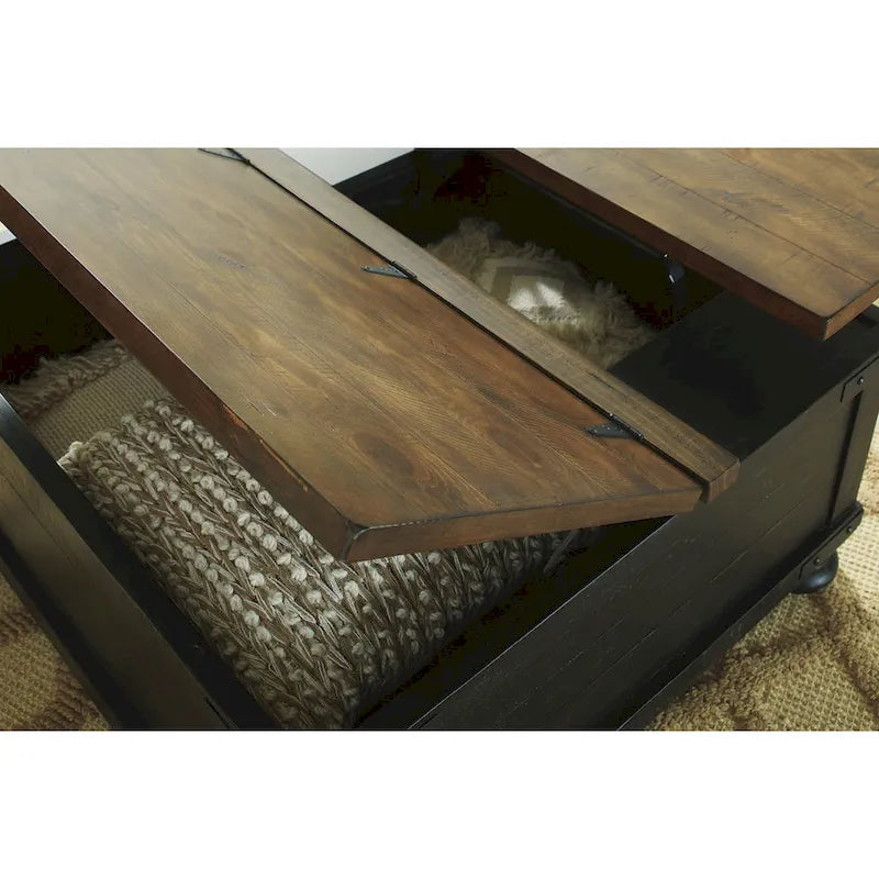 Table basse carrée à plateau relevable avec rangement, noir/marron - 36 L x 36 P x 18 H