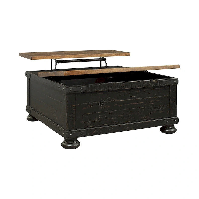 Table basse carrée à plateau relevable avec rangement, noir/marron - 36 L x 36 P x 18 H