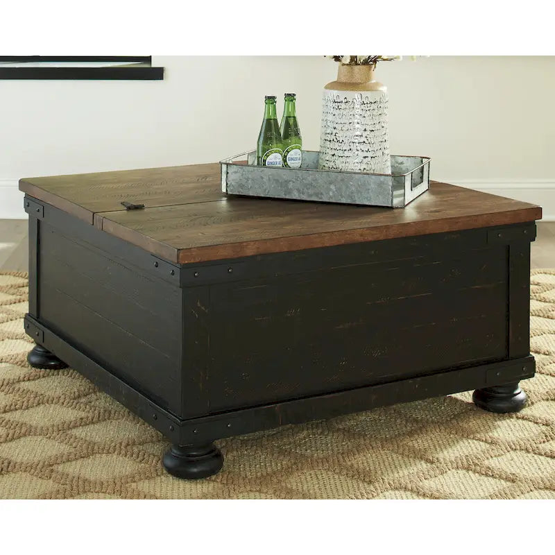 Table basse carrée à plateau relevable avec rangement, noir/marron - 36 L x 36 P x 18 H