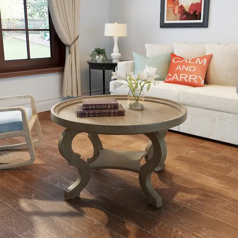 Table basse ronde imitation bois avec étagère inférieure