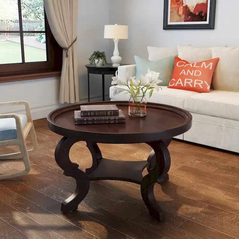 Table basse ronde imitation bois avec étagère inférieure