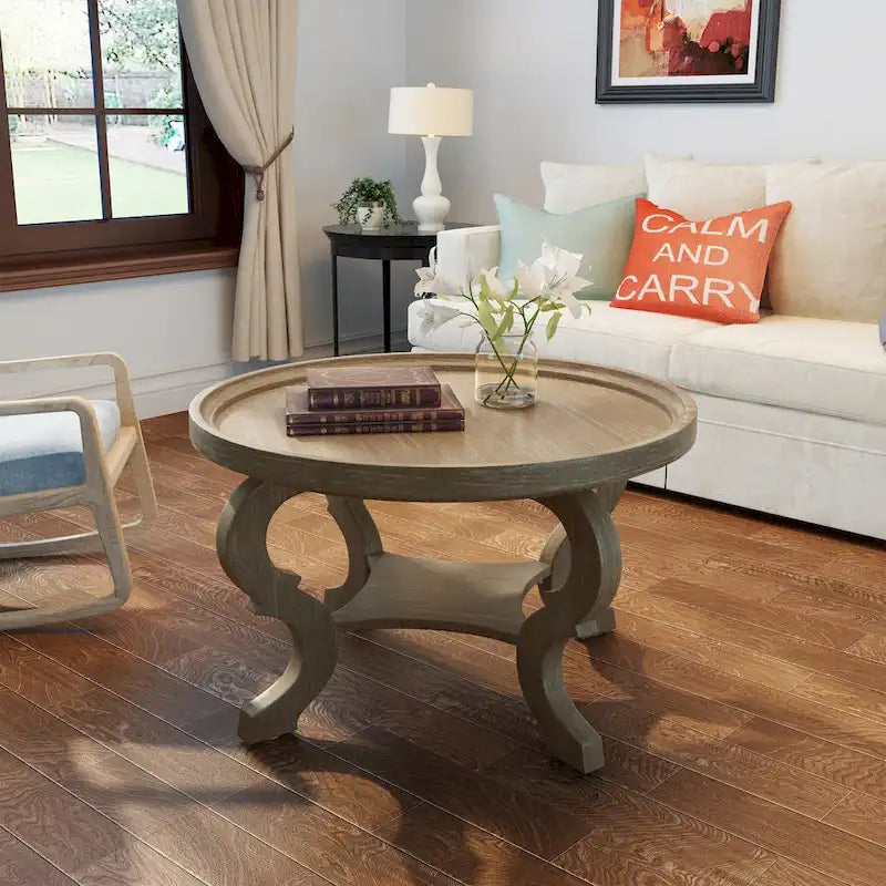 Table basse ronde imitation bois avec étagère inférieure