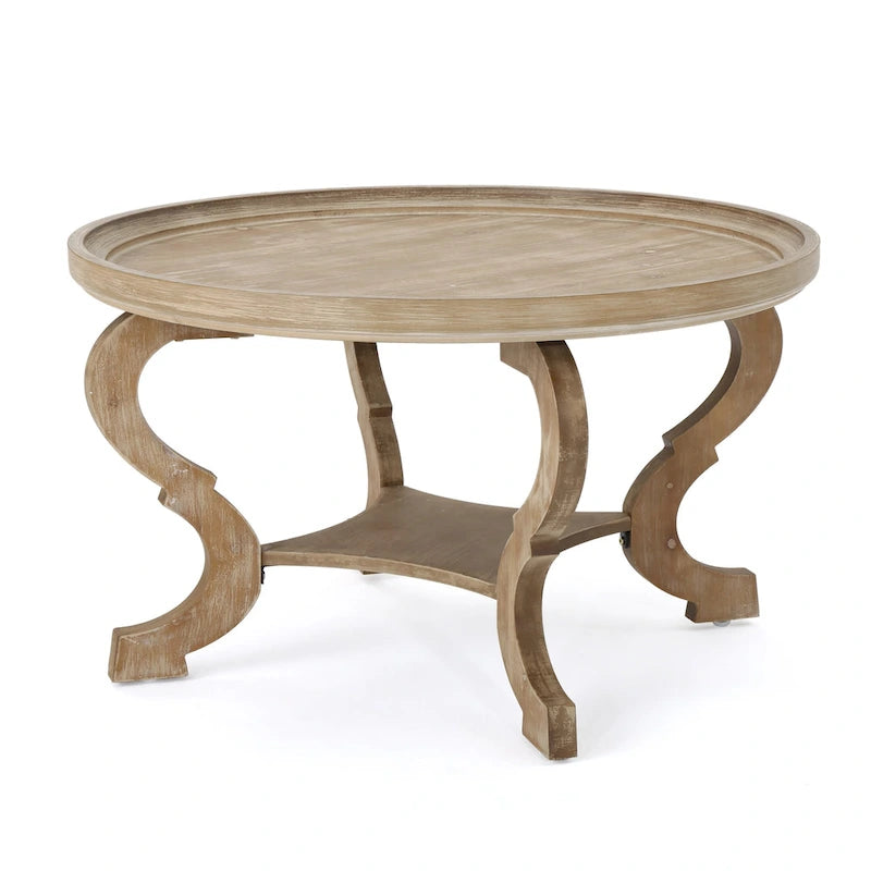 Table basse ronde imitation bois avec étagère inférieure