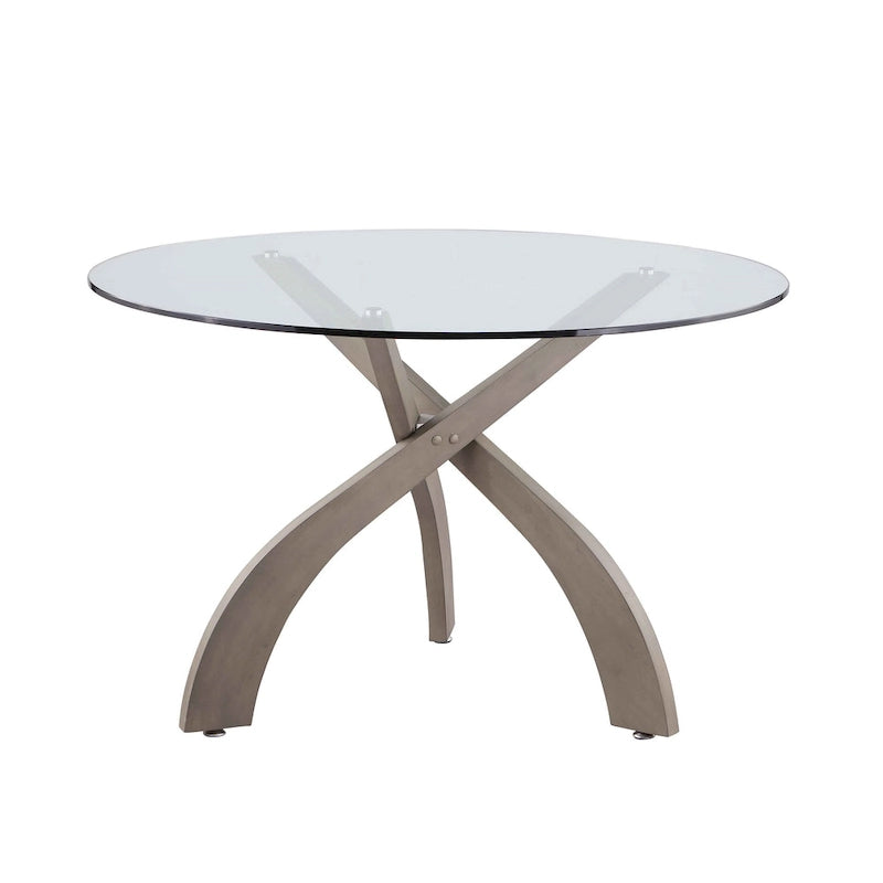 Table à manger ronde avec plateau en verre et piètement en bois