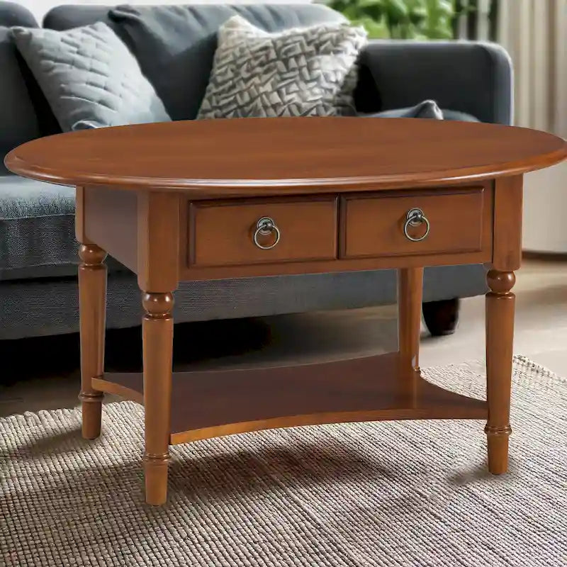 Table basse ovale avec étagère et tiroirs