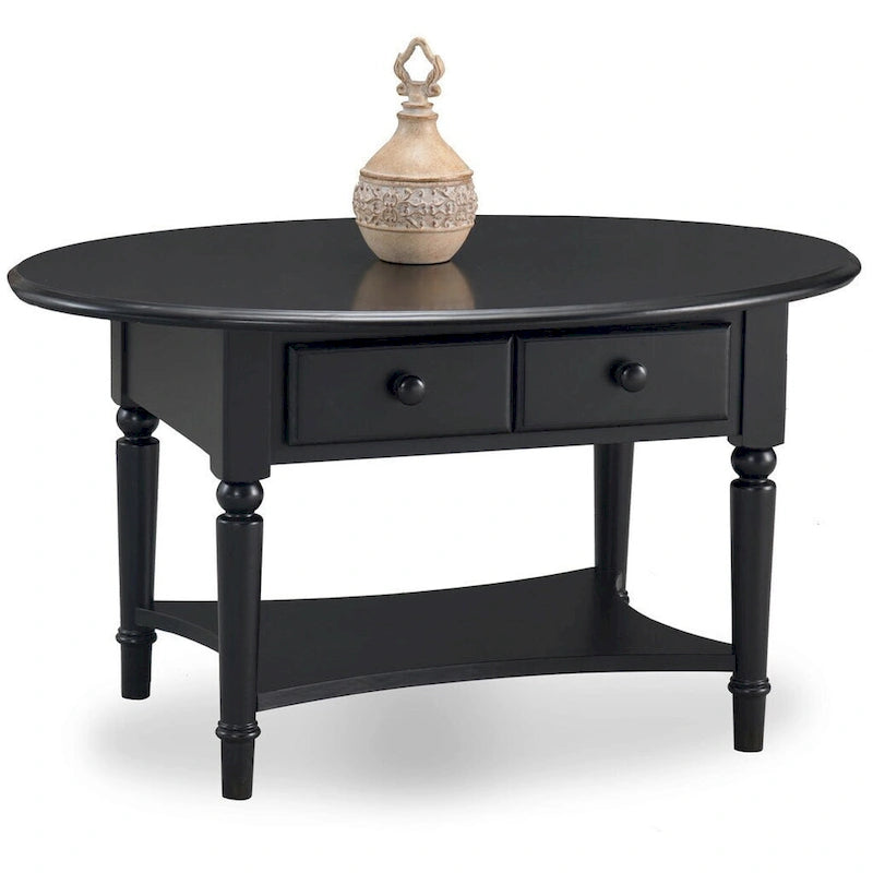 Table basse ovale avec étagère et tiroirs