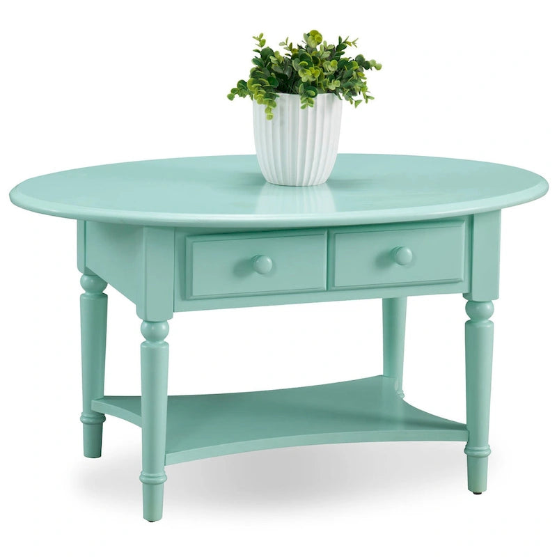 Table basse ovale avec étagère et tiroirs