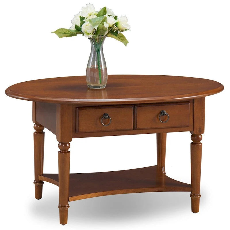 Table basse ovale avec étagère et tiroirs