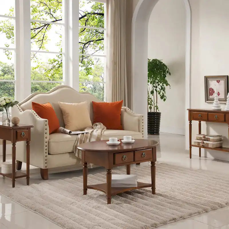 Table basse ovale avec étagère et tiroirs
