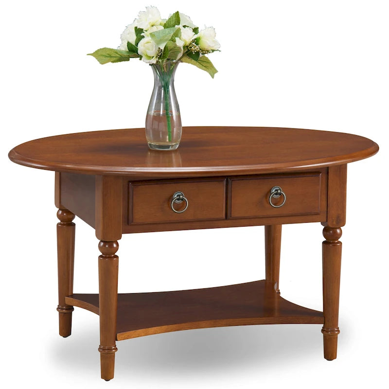Table basse ovale avec étagère et tiroirs