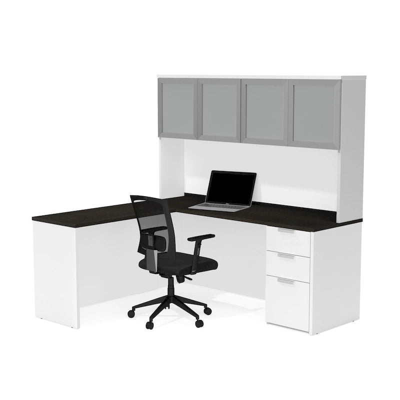 Bureau d'angle avec huche à porte en verre dépoli