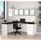 Bureau d'angle avec huche à porte en verre dépoli