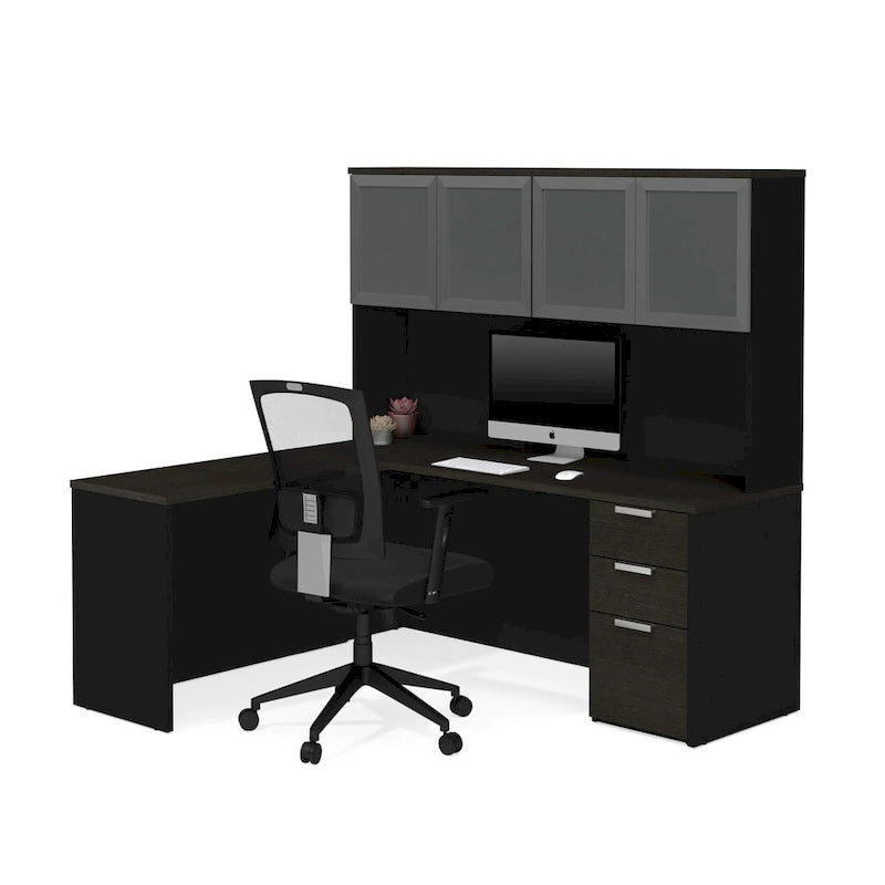 Bureau d'angle avec huche à porte en verre dépoli