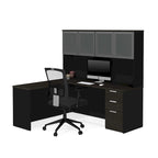 Bureau d'angle avec huche à porte en verre dépoli