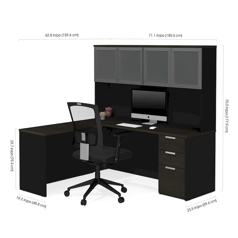Bureau d'angle avec huche à porte en verre dépoli