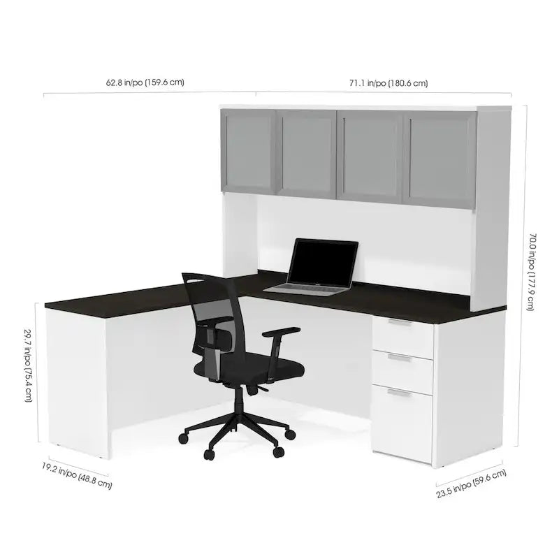 Bureau d'angle avec huche à porte en verre dépoli