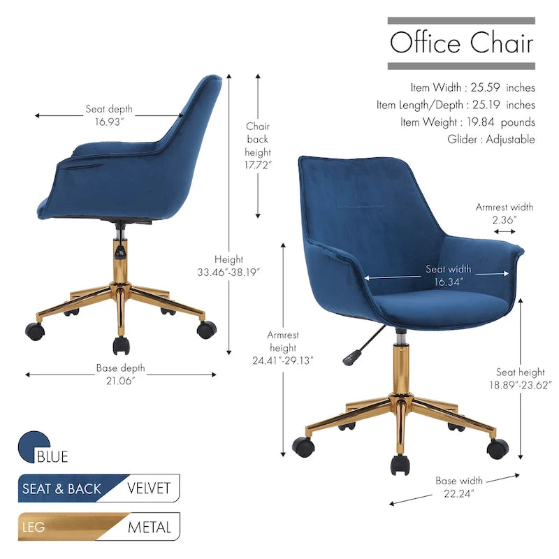 Chaise de bureau en velours avec hauteur réglable