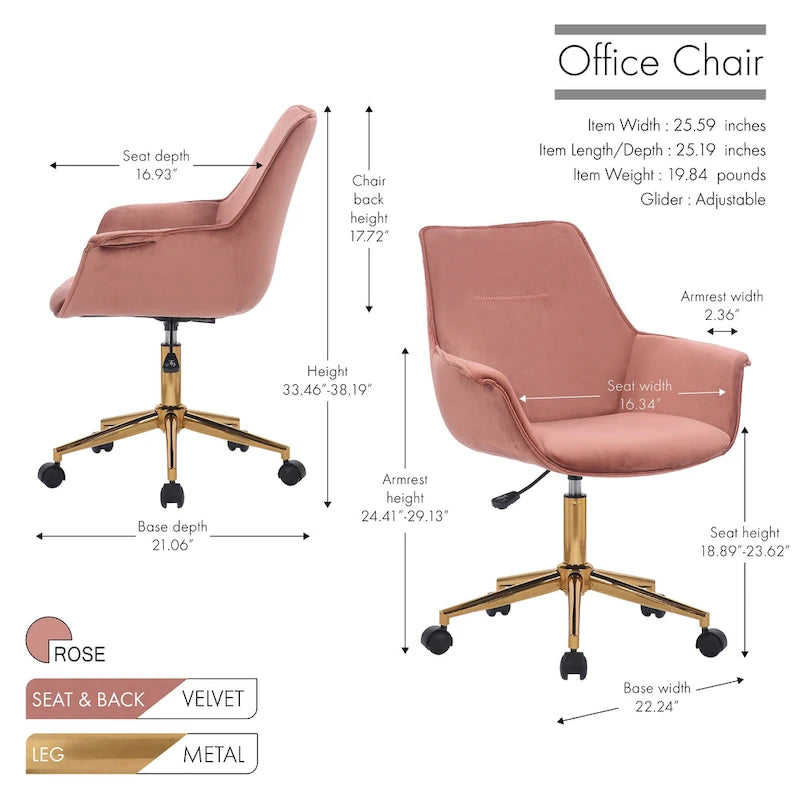 Chaise de bureau en velours avec hauteur réglable