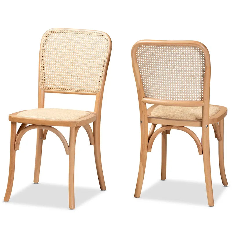 Ensemble de 2 chaises de salle à manger en rotin tressé et bois, style Mid-Century Modern