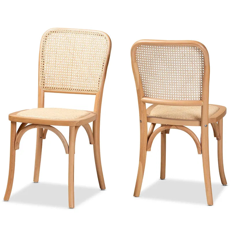 Ensemble de 2 chaises de salle à manger en rotin tressé et bois, style Mid-Century Modern