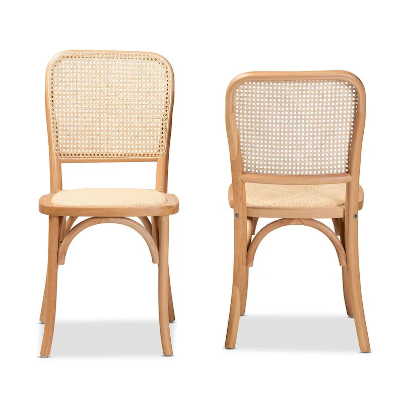 Ensemble de 2 chaises de salle à manger en rotin tressé et bois, style Mid-Century Modern
