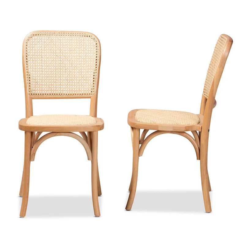 Ensemble de 2 chaises de salle à manger en rotin tressé et bois, style Mid-Century Modern