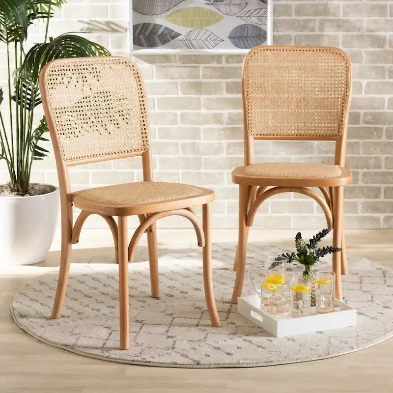 Ensemble de 2 chaises de salle à manger en rotin tressé et bois, style Mid-Century Modern