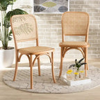 Ensemble de 2 chaises de salle à manger en rotin tressé et bois, style Mid-Century Modern