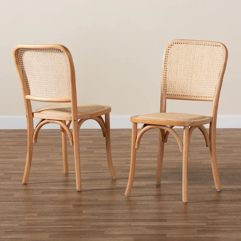 Ensemble de 2 chaises de salle à manger en rotin tressé et bois, style Mid-Century Modern